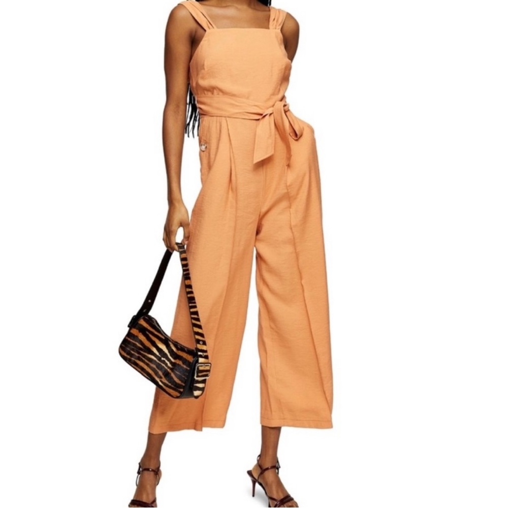 Topshop Sleeveless Tie Waist Wide Leg Wrap Top Jumpsuit in Apricot Clay Size 4